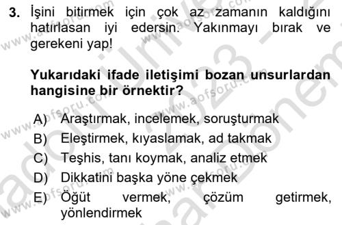 Sağlık Kurumlarında İletişim Dersi 2023 - 2024 Yılı (Final) Dönem Sonu Sınavı 3. Soru