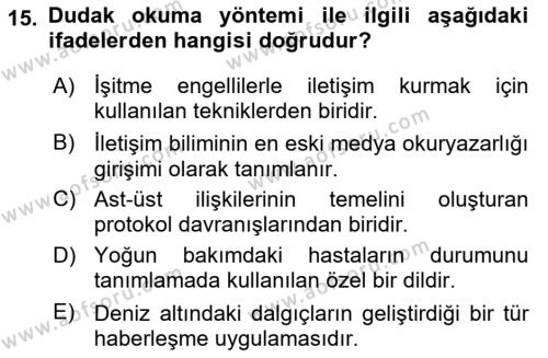 Sağlık Kurumlarında İletişim Dersi 2023 - 2024 Yılı Yaz Okulu Sınavı 15. Soru