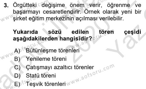 Kurum Kültürü Dersi 2020 - 2021 Yılı Yaz Okulu Sınavı 3. Soru