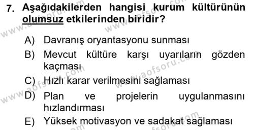 Kurum Kültürü Dersi 2021 - 2022 Yılı (Vize) Ara Sınavı 7. Soru