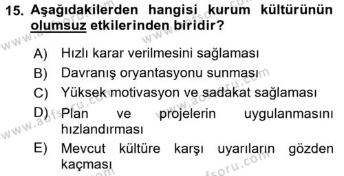 Kurum Kültürü Dersi 2021 - 2022 Yılı Yaz Okulu Sınavı 15. Soru