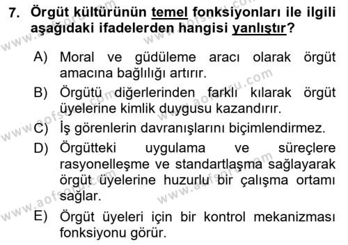 Kurum Kültürü Dersi 2021 - 2022 Yılı Yaz Okulu Sınavı 7. Soru