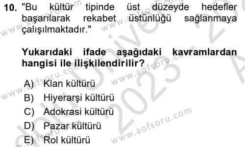 Kurum Kültürü Dersi 2023 - 2024 Yılı (Vize) Ara Sınavı 10. Soru