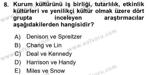Kurum Kültürü Dersi 2023 - 2024 Yılı (Vize) Ara Sınavı 8. Soru
