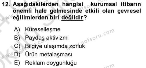 Kurum Kültürü Dersi 2023 - 2024 Yılı Yaz Okulu Sınavı 12. Soru