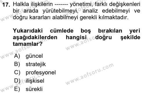 Kamusal Halkla İlişkiler Dersi 2022 - 2023 Yılı (Final) Dönem Sonu Sınavı 17. Soru