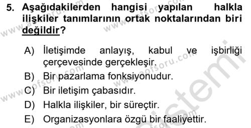 Kamusal Halkla İlişkiler Dersi 2023 - 2024 Yılı (Vize) Ara Sınavı 5. Soru