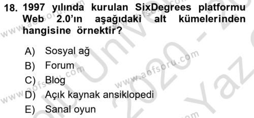 Küreselleşme ve Kültürlerarası İletişim Dersi 2020 - 2021 Yılı Yaz Okulu Sınavı 18. Soru