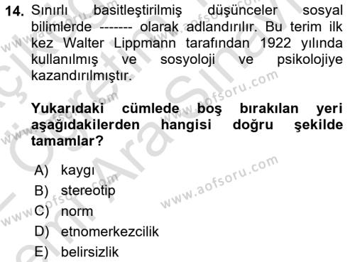 Küreselleşme ve Kültürlerarası İletişim Dersi 2021 - 2022 Yılı (Vize) Ara Sınavı 14. Soru