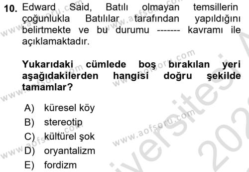 Küreselleşme ve Kültürlerarası İletişim Dersi 2021 - 2022 Yılı Yaz Okulu Sınavı 10. Soru