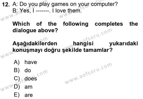 Ingilizce 1 Dersi 2019 - 2020 Yılı (Vize) Ara Sınavı 12. Soru
