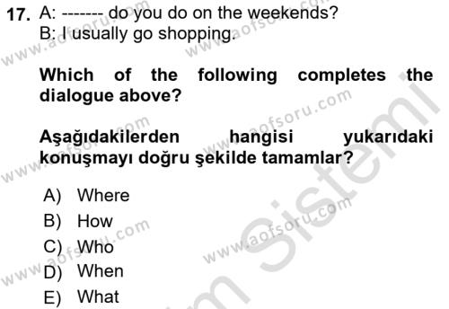 Ingilizce 1 Dersi 2019 - 2020 Yılı (Vize) Ara Sınavı 17. Soru