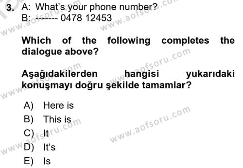 Ingilizce 1 Dersi 2019 - 2020 Yılı (Vize) Ara Sınavı 3. Soru