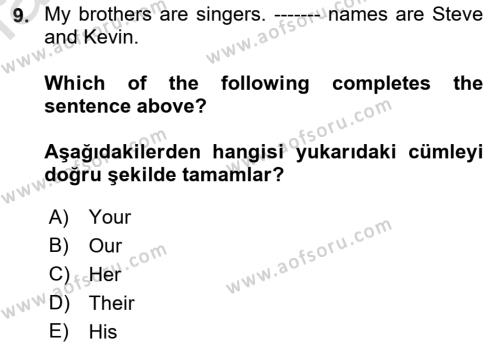 Ingilizce 1 Dersi 2019 - 2020 Yılı (Vize) Ara Sınavı 9. Soru