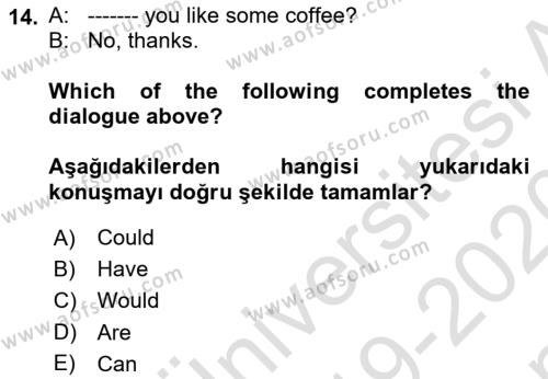 Ingilizce 1 Dersi 2019 - 2020 Yılı (Final) Dönem Sonu Sınavı 14. Soru