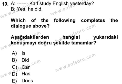 Ingilizce 1 Dersi 2019 - 2020 Yılı (Final) Dönem Sonu Sınavı 19. Soru