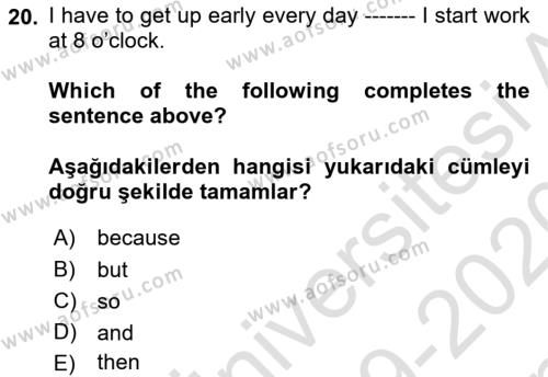 Ingilizce 1 Dersi 2019 - 2020 Yılı (Final) Dönem Sonu Sınavı 20. Soru