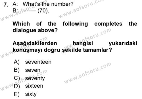 Ingilizce 1 Dersi 2019 - 2020 Yılı (Final) Dönem Sonu Sınavı 7. Soru