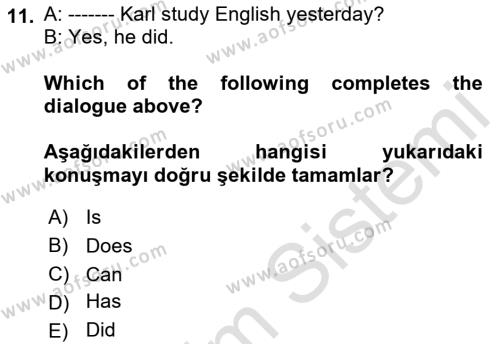 Ingilizce 1 Dersi 2021 - 2022 Yılı (Final) Dönem Sonu Sınavı 11. Soru