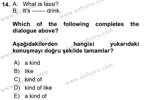 Ingilizce 1 Dersi 2021 - 2022 Yılı (Final) Dönem Sonu Sınavı 14. Soru
