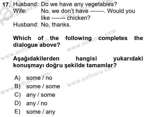 Ingilizce 1 Dersi 2021 - 2022 Yılı (Final) Dönem Sonu Sınavı 17. Soru