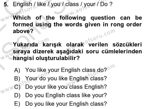 Ingilizce 1 Dersi 2021 - 2022 Yılı (Final) Dönem Sonu Sınavı 5. Soru