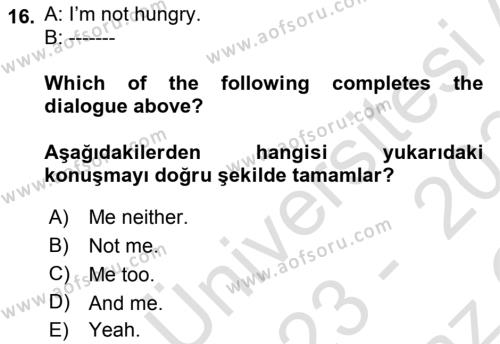 Ingilizce 1 Dersi 2023 - 2024 Yılı Yaz Okulu Sınavı 16. Soru