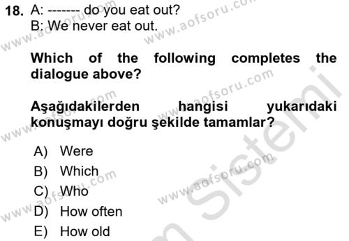 Ingilizce 1 Dersi 2023 - 2024 Yılı Yaz Okulu Sınavı 18. Soru