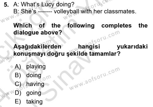 Ingilizce 1 Dersi 2023 - 2024 Yılı Yaz Okulu Sınavı 5. Soru