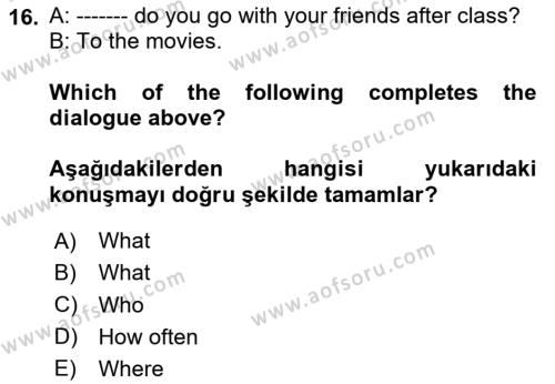 Ingilizce 1 Dersi 2024 - 2025 Yılı (Vize) Ara Sınavı 16. Soru