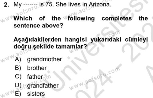 Ingilizce 1 Dersi 2024 - 2025 Yılı (Vize) Ara Sınavı 2. Soru