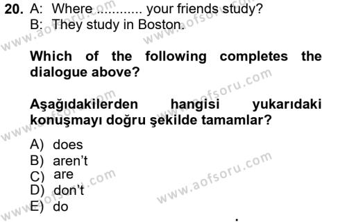 İngilizce 2 Dersi 2012 - 2013 Yılı (Vize) Ara Sınavı 20. Soru