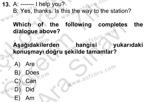 İngilizce 2 Dersi 2021 - 2022 Yılı (Vize) Ara Sınavı 13. Soru