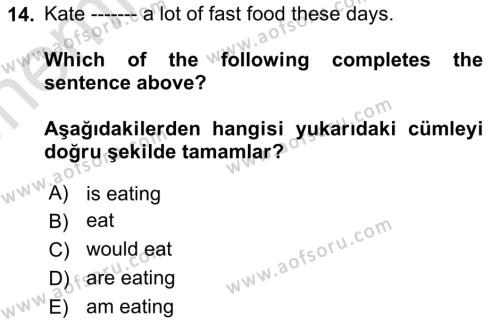 İngilizce 2 Dersi 2021 - 2022 Yılı (Vize) Ara Sınavı 14. Soru