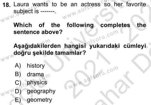 İngilizce 2 Dersi 2021 - 2022 Yılı (Vize) Ara Sınavı 18. Soru