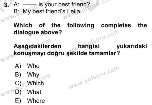 İngilizce 2 Dersi 2021 - 2022 Yılı (Vize) Ara Sınavı 3. Soru