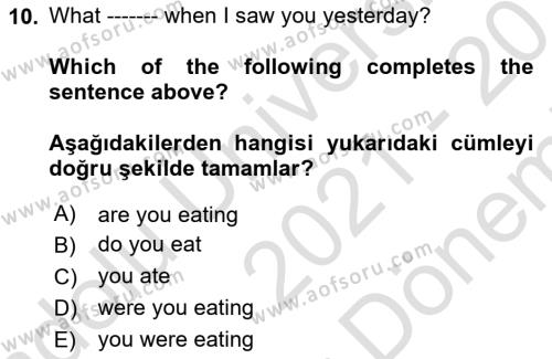 İngilizce 2 Dersi 2021 - 2022 Yılı (Final) Dönem Sonu Sınavı 10. Soru