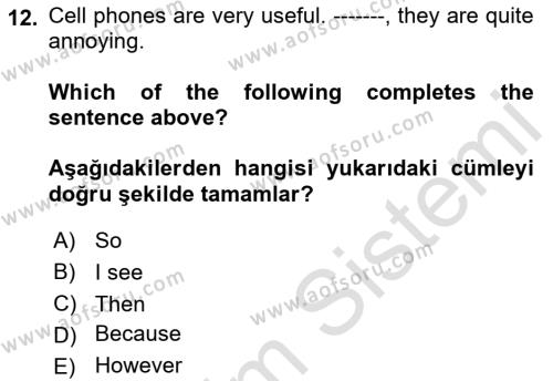 İngilizce 2 Dersi 2021 - 2022 Yılı (Final) Dönem Sonu Sınavı 12. Soru