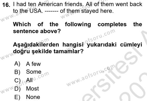 İngilizce 2 Dersi 2021 - 2022 Yılı (Final) Dönem Sonu Sınavı 16. Soru
