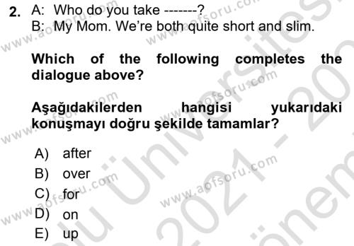 İngilizce 2 Dersi 2021 - 2022 Yılı (Final) Dönem Sonu Sınavı 2. Soru