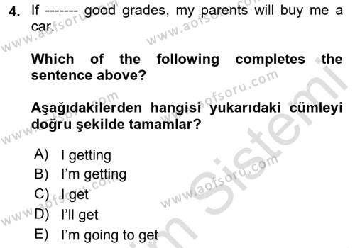 İngilizce 2 Dersi 2021 - 2022 Yılı (Final) Dönem Sonu Sınavı 4. Soru
