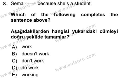 İngilizce 2 Dersi 2021 - 2022 Yılı (Final) Dönem Sonu Sınavı 8. Soru