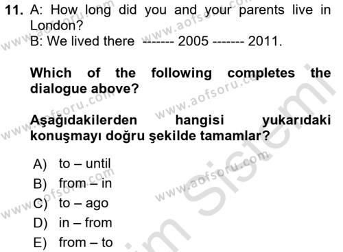 İngilizce 2 Dersi 2023 - 2024 Yılı (Vize) Ara Sınavı 11. Soru