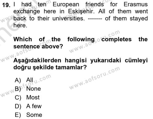 İngilizce 2 Dersi 2023 - 2024 Yılı (Vize) Ara Sınavı 19. Soru