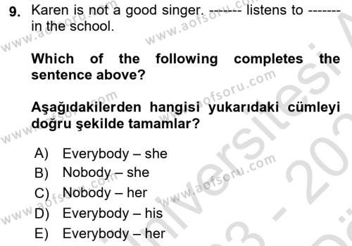İngilizce 2 Dersi 2023 - 2024 Yılı (Vize) Ara Sınavı 9. Soru