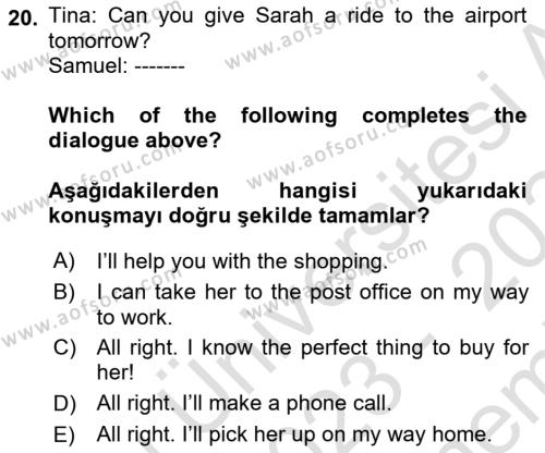 İngilizce 2 Dersi 2023 - 2024 Yılı (Final) Dönem Sonu Sınavı 20. Soru