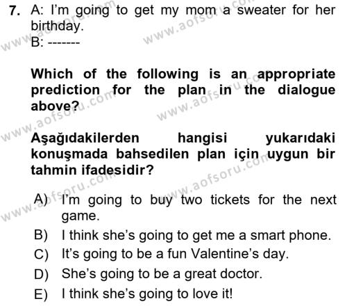 İngilizce 2 Dersi 2023 - 2024 Yılı (Final) Dönem Sonu Sınavı 7. Soru