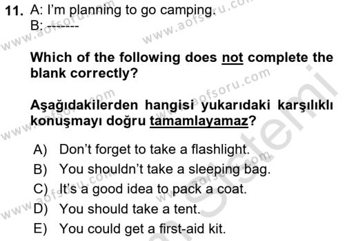 İngilizce 2 Dersi 2023 - 2024 Yılı Yaz Okulu Sınavı 11. Soru