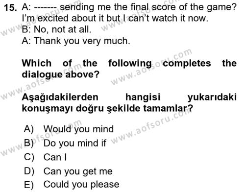 İngilizce 2 Dersi 2023 - 2024 Yılı Yaz Okulu Sınavı 15. Soru