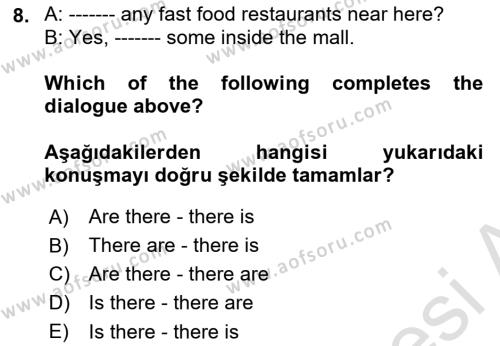 İngilizce 2 Dersi 2023 - 2024 Yılı Yaz Okulu Sınavı 8. Soru